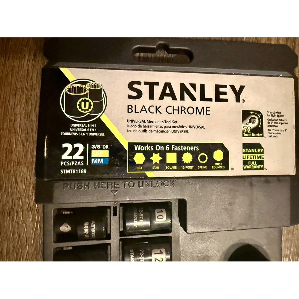 Stanley Black Chrome 22 Piece Universal Mechanics Tool Set 3/8 Drive STMT81189 - Picture 9 of 11
